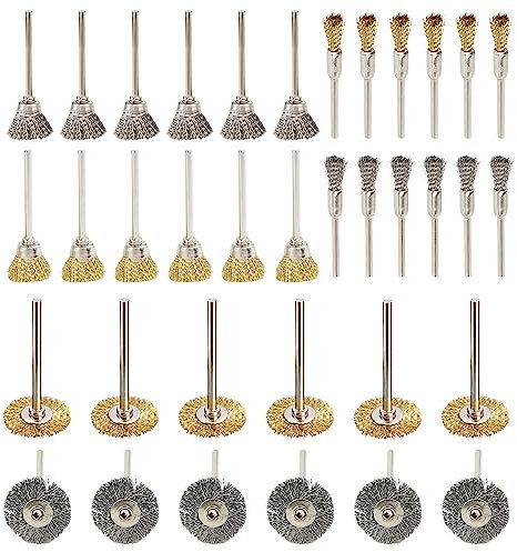 Pamtns 36 Stück Drahtbürste Set für Bohrmaschine Messing Stahldraht Rad Pinsel Set TellerbüRsten Mini Messingbürste Drahtbürste Messing Stahl Polieren Bleistiftdrahtbürste DIY Polierzubehör
