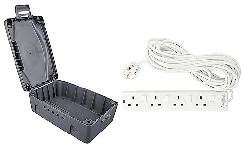 Masterplug WBX-MS Weatherproof Electric Box for Outdoors, 345 x 220 x 126.5 mm, Grey & PRO ELEC PELB1942 4 Gang Switched Surge Protected Extension Lead White, 10m