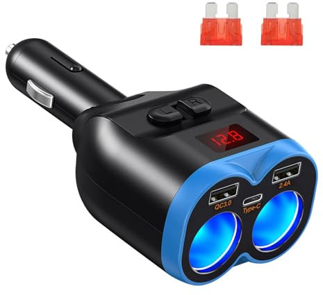 Linkstyle Cargador de mechero para Coche, Doble USB A y PD USB Socket Splitter con LED Voltímetro para 12V/24V Dispositivos de Coche