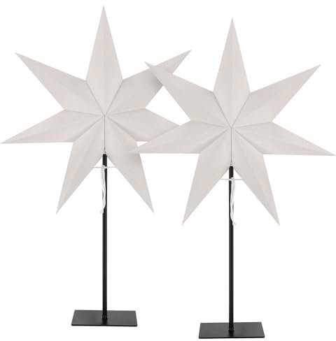 LED Universum - Papier Weihnachtsstern 2er Set Tischleuchte Standstern weiß, schwarzer Metallfuß, Dekostern mit Kabelschalter, E14 Fassung, 75cm Höhe, 55cm Breite