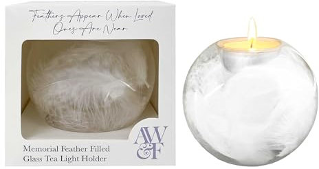 Glass Feather Filled Tea Light Holder | Sympathy Memorial Candle | Bereavement Keepsake & Grieving Support Gift | 10x10x9cm