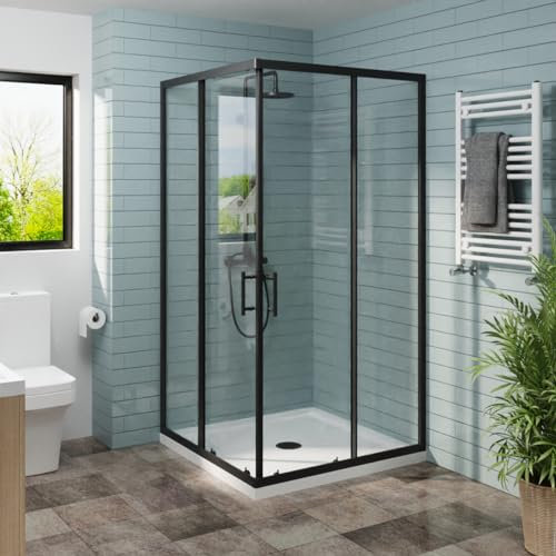 NRG 900 x 900mm Square Black Sliding Doors Corner Entry Shower Enclosure 6mm Easy Clean Glass