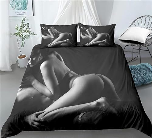 Bettwäsche 135x200 Sexy Frauen 3D Muster Nackt Bettwäsche-Sets 3 Teilig Weiche Microfaser Bettbezug Set mit Reißverschluss und 2 Kissenbezug 80x80 cm L266