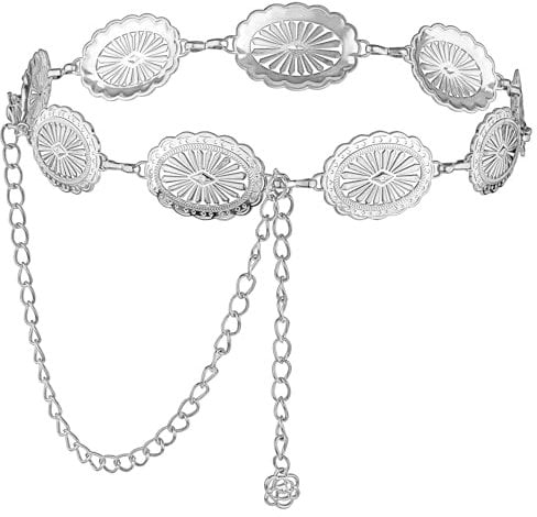 JIEYAO Western Concho Kettengürtel, verstellbare Metall Taille Kette, Cowgirl Boho Gürtel für Frauen Country Konzert(Silber)