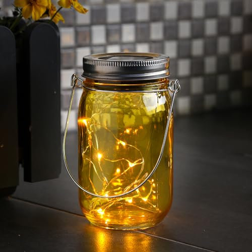 LED Solar Glas - Windlicht - mit Drahtlichterkette - Lichtsensor - H: 14cm - D: 8cm - gelb