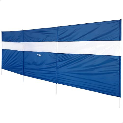 AKTIVE Brise-Vent de Plage, 440X130 cm, Bleu, Fenêtre Panoramique en PVC, Tissu Polyester, Cadre en Acier, Y Compris 4 Piquets, Barres, Sac de Transport avec Poignée, Brise-Vent Pliable (62318)