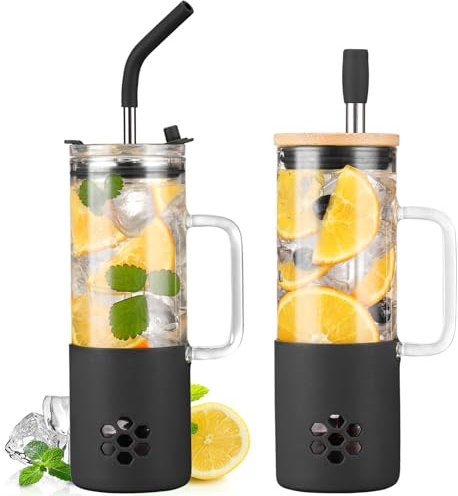 BLUEGO 600ml Glass Cups with 2 Lids and Handle, Cute Glass Tumbler with Straws and Silicone Sleeve, Iced Coffee Cup, 0.6L Smoothie Tumbler, Reusable Bubble Tea Cup, Travel Mug, Black
