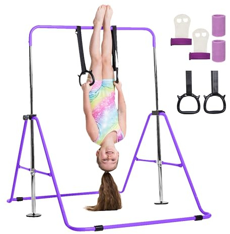 TINY TUMBLERS Barra Gimnasia Artística Niños Ajustable en Altura – Barra de Gimnasia Infantil para Casa – Barra Gimnasia Estable con Anillas y Agarres – Equipo Gimnasia Seguro