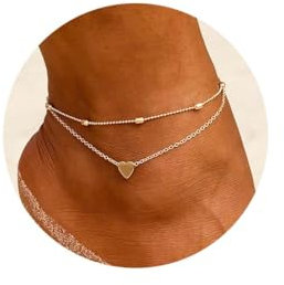 SULIUDAJI Plaqué Or 18K Bracelet de cheville coeur pour femme- Résistant à l'eau I Bracelet de cheville à plusieurs rangs - Réglable I Bijoux de pied filigrane en acier inoxydable en or