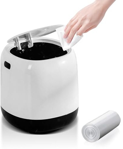 Desktop Trash Can with Press Type Lid, 2L Mini Desktop Bin, Mini Plastic Desktop Trash Bin Small Bathroom Bin with 1Roll of Trash Bags for Home, Office, Vanity Tabletop, White (13.6×13.9×12.9cm)