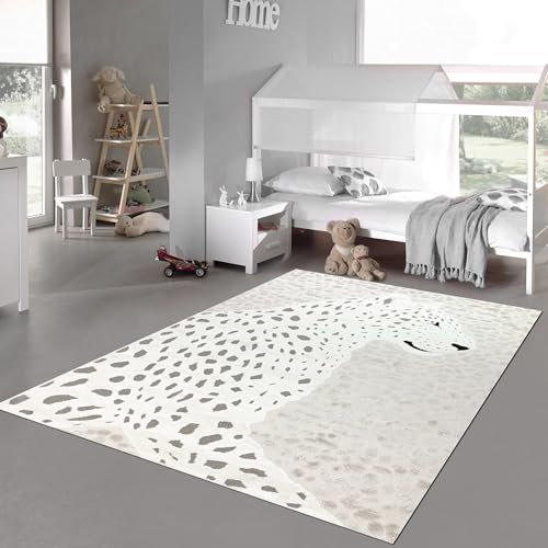 Teppich-Traum Teppich Kinderzimmer Spielzimmer kuschelig Heller groß Hoch-Tief-Effekt Leopardenmuster Creme, 200 x 290 cm