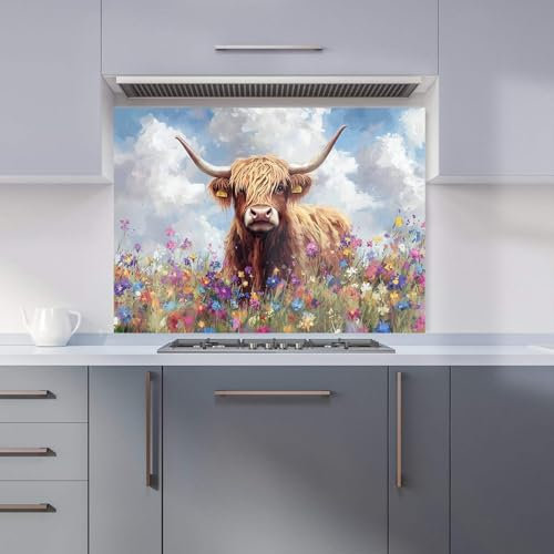 Premium Highland Cow In A Summer Meadow Kitchen Splashback 6mm Toughened Glass Kitchen Splashback – Heat Resistant Splashback for Kitchens, Perfect for Cookers and Hobs, Polished Edges