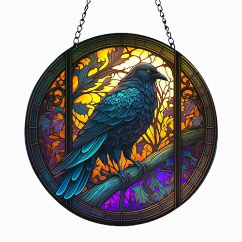 Jinyuanchao Krähe Buntglas Fensterbehang, Wanddekoration Vogel Geschenk für Vogelliebhaber, Buntglas Gruselige Dunkle Krähe Dekoration, Horror und Eleganz, Cafés, Büros