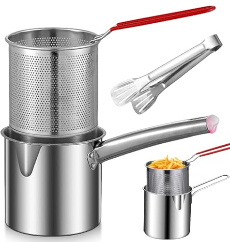GOMETY 1.8L Frittiertopf aus 304 Edelstahl, Fettbehälter Ölfiltertopf mit Feinmaschfilter, Sieb und Ausschneiden für Küche/Camping - geeignet für alle Herdarten (Fritteusen-Set)