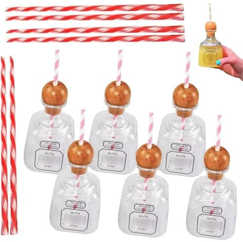 Patron Reusable Cups with Straw, Mini Empty Tequila Bottles Bottle Empty for Drinks, 13oz Acrylic Plastic Tequila Plastic Bottles for Champagne, Wine, Alcohol, Party Favors, Wedding 375ml(6pc)