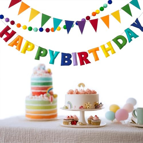 Vorbespanntes Happy Birthday-Banner – Filzkugel-Girlande – Happy Birthday Girlande, Regenbogen-Geburtstagsdekorationen, personalisiertes Schild für Party-Dekoration, Foto-Requisite (mehrfarbig mit