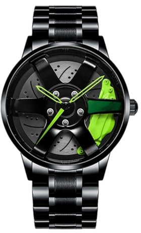 etsqwe-uk Autouhren für Männer, wasserdichte Edelstahl 3D Stereoskopische Hohluhr Sportuhren mit Auto Rad Felge Nabe Design Rad Nicht-mechanische Uhr Geschenke,Grün