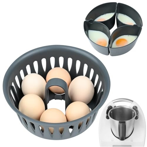2 in 1 Eierkocher Eierhalter Pochierer Einsatz,Eier Pochierer Egg Boiler 4 pochierte Eier und 6 gekochte Eier,Kompatibel mit TM31,TM5,TM6,Zubehör für Thermomix Garkorb und Eierkochen(17*17*7cm,grau)