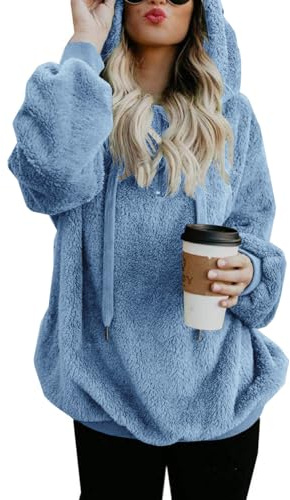Hormtaer Womens Fleece Hoodie Oversized Jacket Casual Jumper Loose Long Sleeve Coat Winter Sweatshirt Warm Fuzzy Fluffy Zip Tops Pullover with Pockets (Blue, M)