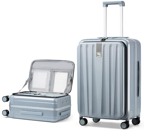 Hanke Koffer Mittelgroß PC Hartschalenkoffer mit 360° Spinner Silent-Räder Frontöffnung Reisekoffer Aluminium Koffer mit TSA-Schloss 66cm(88L), Grau