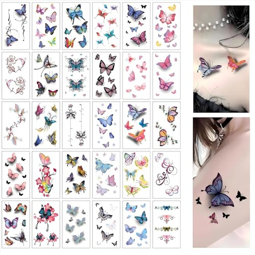 30 Sheets Colorful Butterfly Temporary Tattoos for Women, Waterproof Fake Body Art Stickers, Floral Arm & Ankle Tattoo Set, Party Festival Accessories