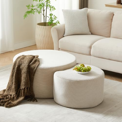 Ligterra Kaffeetisch-Set, 2-teilig, Gepolsterte, Runder Kaffeetisch aus Schaumstoff, Beistelltisch, Ottoman, Keine Montage Erforderlich, für Das Wohnzimmer, 127 * 81 * 40cm (Beige)