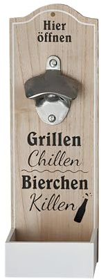 GILDE Wand-Flaschenöffner Metallöffner Kronkorkensammler, Grillen Chillen Bierchen killen, Höhe 30 cm, Schwarz/weiß, Holz naturfarben | (naturfarben/schwarz/weiß)