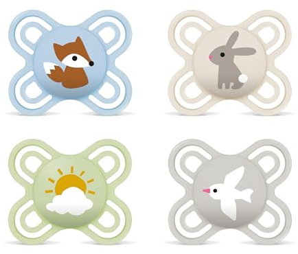 MAM Perfect Start Schnuller | 0-2 Monate | Babyschnuller für Neugeborene | 94% Akzeptanz | beugt Zahnfehlstellungen vor | mit Zahnmedizinern entwickelt| SkinSoft Silikon | Fuchs/Hase/Möwe | 4 Stück