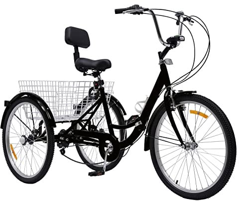 MELAQULY Dreirad für Erwachsene, 24 Zoll 7Gang 3-Räder Lastenfahrrad mit Rückenlehne und Einkaufskorb, Klappbares Dreirad Fahrrad für Picknicks Einkäufe und Sport im Freien (Schwarz)