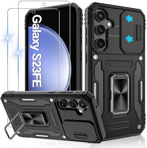 Jshru Hülle für Samsung Galaxy S23 FE Handyhülle Kameraschutz mit 2 STK Schutzfolie Militärstandard Stoßfest Schutzhülle 360° Metall Ring Ständer Case für Galaxy S23 FE,Schwarz