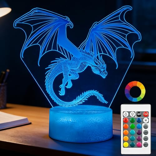 BIRBANN Drachen-Nachtlicht, Drachen-Geschenke, 3D-Illusionslampe mit 16 wechselnden Farben, Timer, 4 Blinkmodi und Dimmfunktion, Dekoration für Kinderzimmer (Jungen und Mädchen), Weihnachtsgeschenke