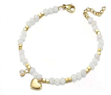 LOLIAS Perlenarmbänder Damen Edelstahl Rosa/Weiß/Blau Naturstein Heilkristall Armband mit Herz und CZ Anhänger Verstellbares Freundschaftsarmband Geburtstags Geschenke für Damen Mädchen