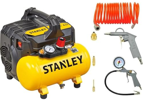 Stanley Luftkompressor 8 Bar 6L DST 100/8/6 mit Druckluftwerkzeug Set 6 teilig - Kompressor mit Reifenfüller, Ausblaspistole und Spiralschlauch 5 m - Ölfrei