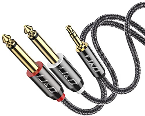 J&D Cable de Divisor 3,5 mm TRS Macho a 2 x 6,35 mm TS Macho Mono con Carcasa de Aleación de Zinc y Trenza de Nylon para Amplificadores, Altavoces, Mesa de Mezcla, 0.9 Meter
