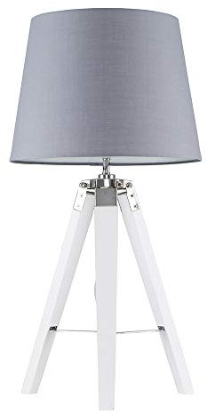 MiniSun | Modern White Wood and Silver Chrome Tripod Table Lamp with a Grey Tapered Shade | Home Décor, Bedside & Desk Lamp | Includes Bulb [3000K Warm White]