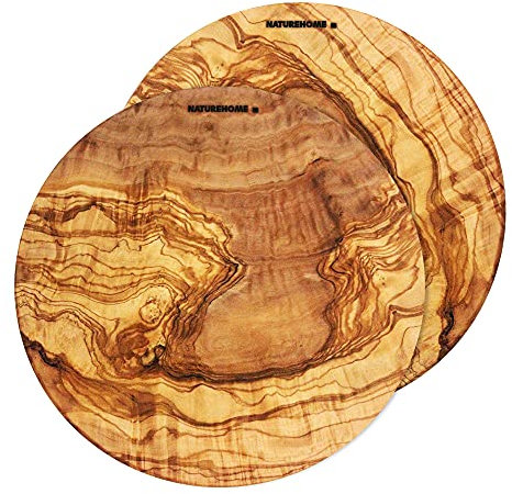 NATUREHOME 2er Set Pizzateller Holz rund 30cm Olivenholz massiv Holzteller für Pizza und Flammkuchen stapelbar lebensmittelechtes Holzgeschirr Käseplatte Servierplatte 2er Set