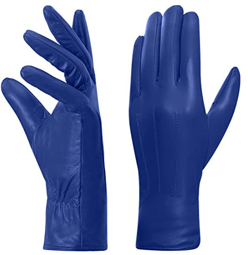 Harssidanzar Leder handschuhe für Damen, Winter Warm Fleecefutter Touchscreen Vintage Finished GL018EU,Blau, Größe S