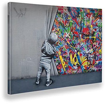 Giallobus - Gemälde - Banksy - Kind öffnet den Vorhang - Leinwand mit Standardrahmen - 140x100 - Bereit zum Aufhängen - Moderne Gemälde für zu Hause