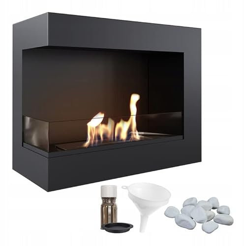 KRATKI Delta 600 Bio Ethanol Eckkamin links + Kieselsteine + Trichter + Aromatherapie-Set | Wand- oder Nischenmontage l Biocontainer 0,5 l, TÜV | Stahl, Verglasung, 48 x 60 cm, Schwarz