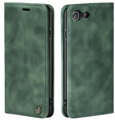 LBH Handyhülle für iPhone 7/8 / SE (2020) in Grün mit Karten- und Geldfach Smartphone Hülle mit Standfunktion Flip Case Schutzhülle Magnetverschluss Vintage
