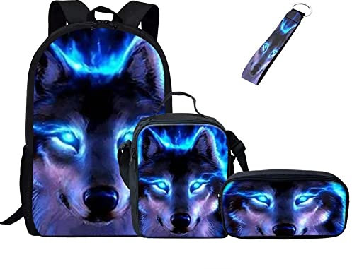 Jeiento Schultaschen-Set für Mädchen und Jungen, wasserabweisend, langlebig, lässig, Basic-Rucksack mit Lunch-Tasche, Federmäppchen und Schlüsselanhänger, 4-in-1, wolf, L, Lässiger Tagesrucksack