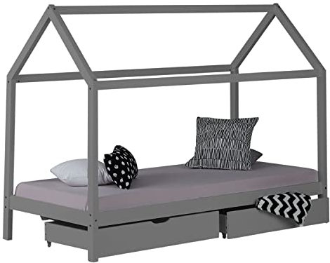Homestyle4u 2080 Kinderbett Matratze Lattenrost Bettkasten Kinderhaus Hausbett 90x200 mit Schublade Grau Holz