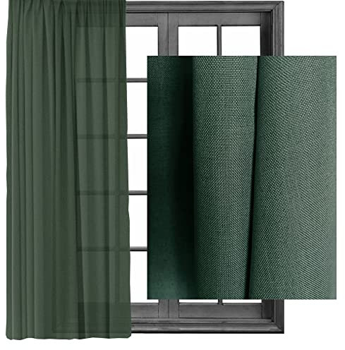 2X Gardinen Vorhänge Kräuselband Gardine Vorhang - Leinenlook Blickdicht Schal Dekoschal 140x245cm halbtransparent Leinen Optik Universalband (2, Dunkelgrün)