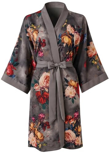 Ledamon Kimono corto da donna - Accappatoio da notte con tasca floreale, Grigio e nero., Taglia unica