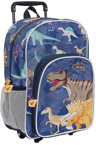 PERLETTI Sac à Dos Trolley pour Enfants – Cartable Primaire – Valise Cabine pour Garçon – Grande Poche Avant – Sac à Dos Garçon âgés de 3 à 6 Ans – Sac de Voyage Enfant – Dinosaure