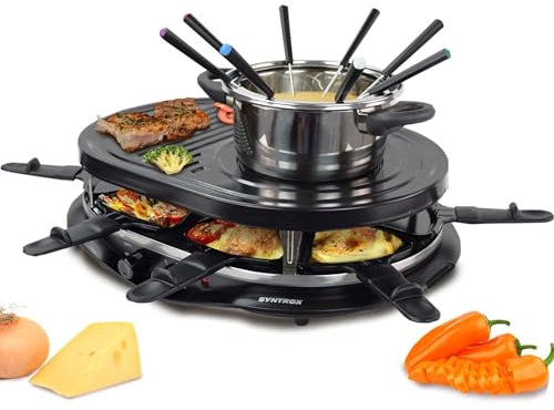 Syntrox Raclette-Grill Locarno mit Fondue & Heißem Stein, 4-in-1 Raclette Set, Gesellige Abende, Kulinarische Vielfalt, Antihaftbeschichtung, Leichte Reinigung