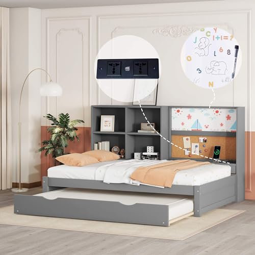 HYUB Kinderbett, Einzelbett 90x200cm mit Offenes Ablagefach und Lattenrost, Schlafsofa Tagesbett mit Ausziehbarem Bett, Funktionsbett mit Zeichenbrett, für Jungen und Mädchen, Ohne Matratze, Grau