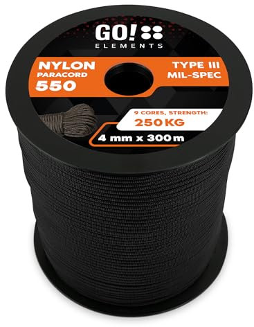 GO!elements 300m Paracord Seil aus reißfester Nylonschnur - 4mm Paracord 550 Typ III Schnur - geeignet als Allzweckseil & Reepschnur - Max. 250kg, Farbe: Schwarz