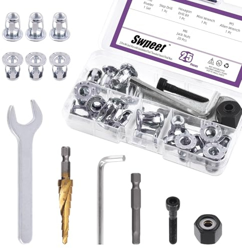 Swpeet 25Pcs M6 Jack Muttern und M6 Hand Nietmutter Gun Dorn mit Installationswerkzeug Assortiment Kit, Blütenmutter Muttern Jacknut Schrauben Phillips Insert Bit Hex Schaft Montage für Hohlwand Eisen