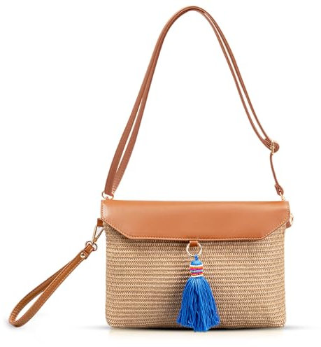 QTKJ Clutch Purses for Women, Bohemian Handmade Straw Bag, Flip-up leather Crossbody Bags, Woven Tassels Envelope Package Includes Adjustable Long Shoulder Strap and Wrist Strap (Khaki), Khaki, One